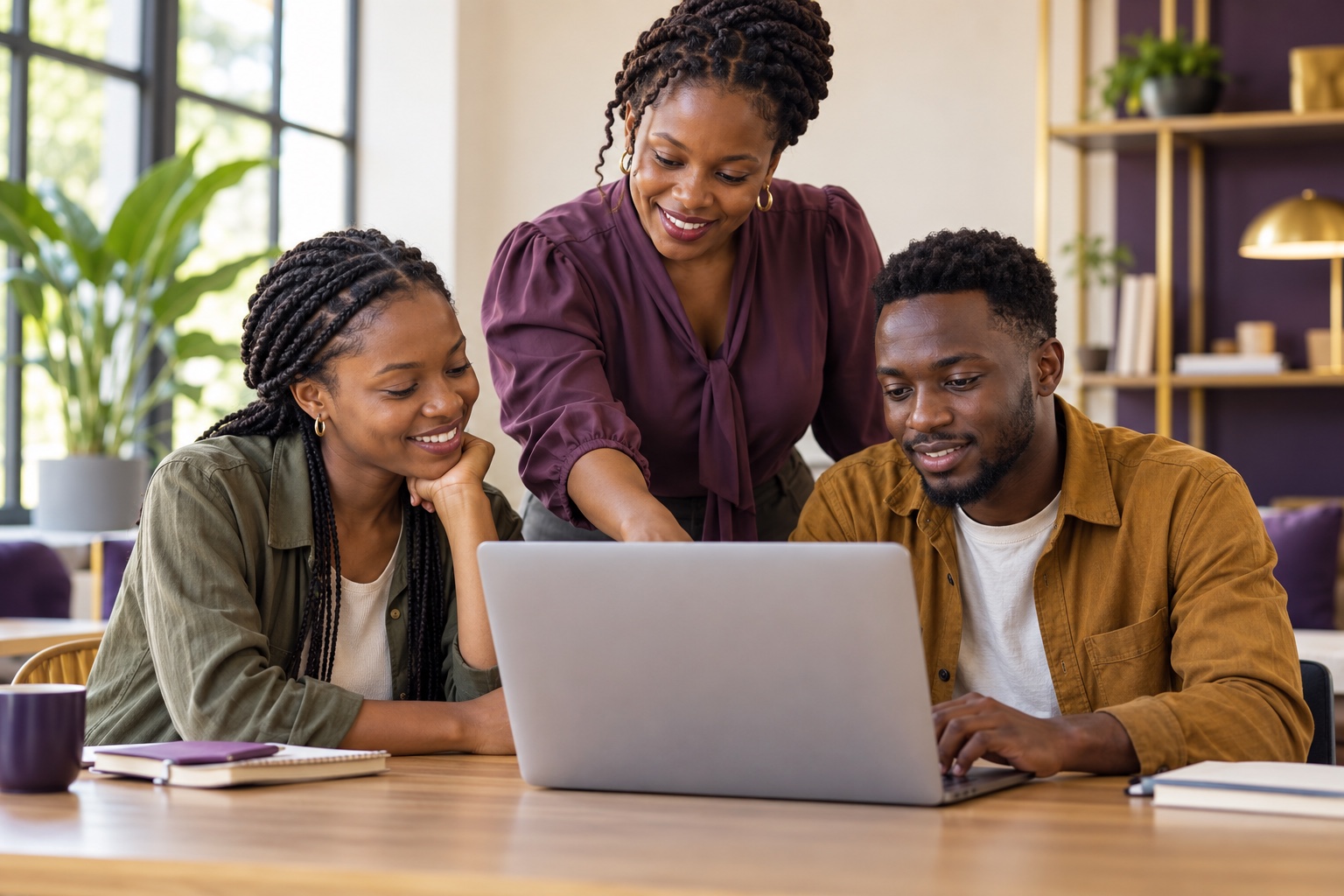 Illustrative scene of African adult learners working with a technology mentor